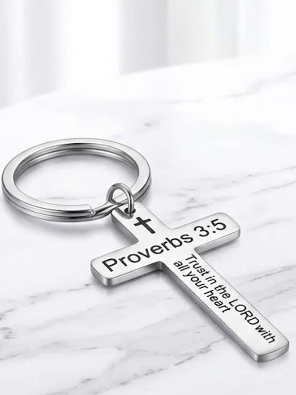 Silver Proverbs 3:5 Keychain - Religious Verse Keyring